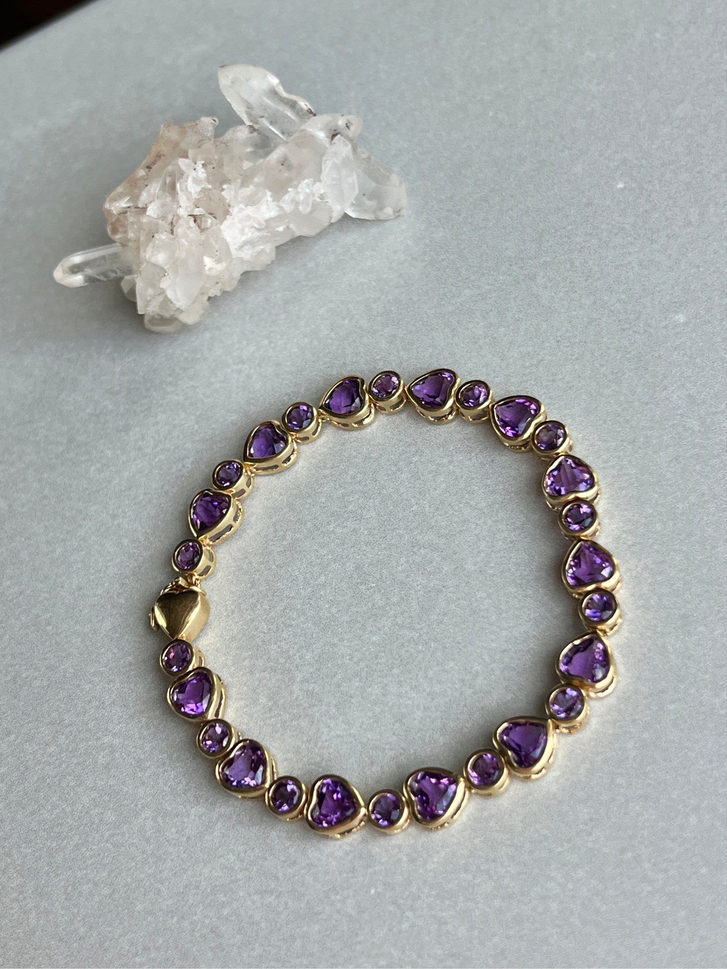 Vintage 14k Gold Bezel Set Amethyst Hearts Bracelet