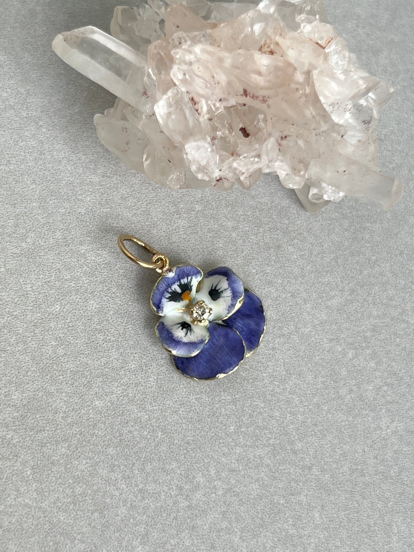Vintage 14k Gold Diamond Accent Enameled Violet Pansy Charm
