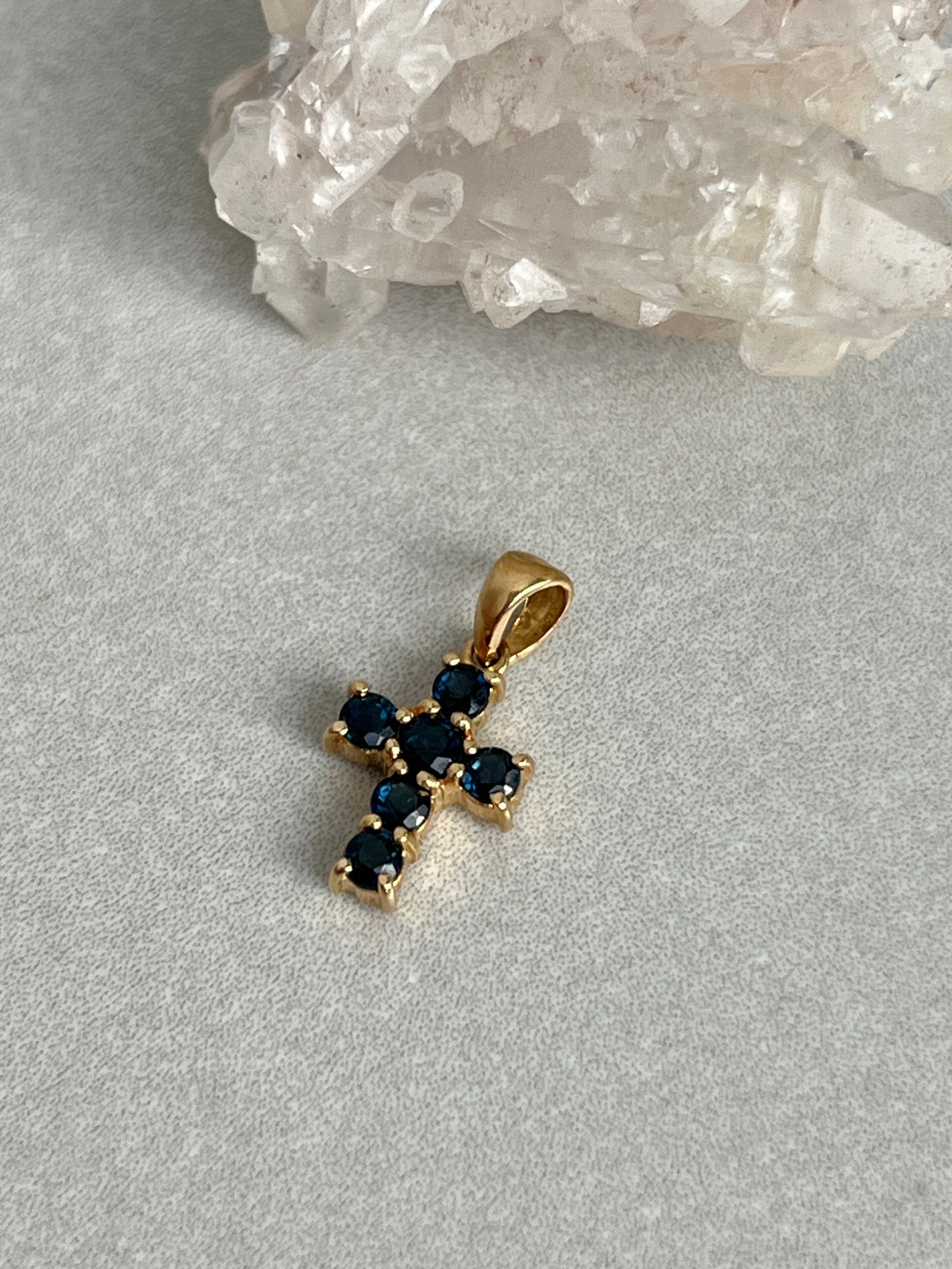 Vintage 14k Gold Tiny Sapphire Cross Charm