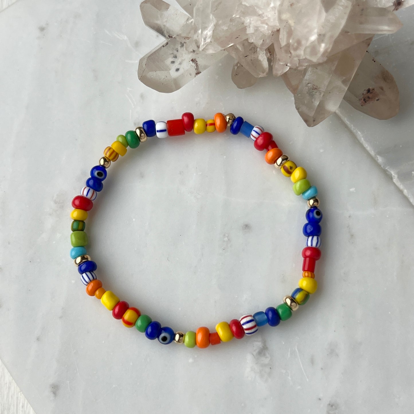 7” Rainbow Trade Bead + 14k Gold Bracelet