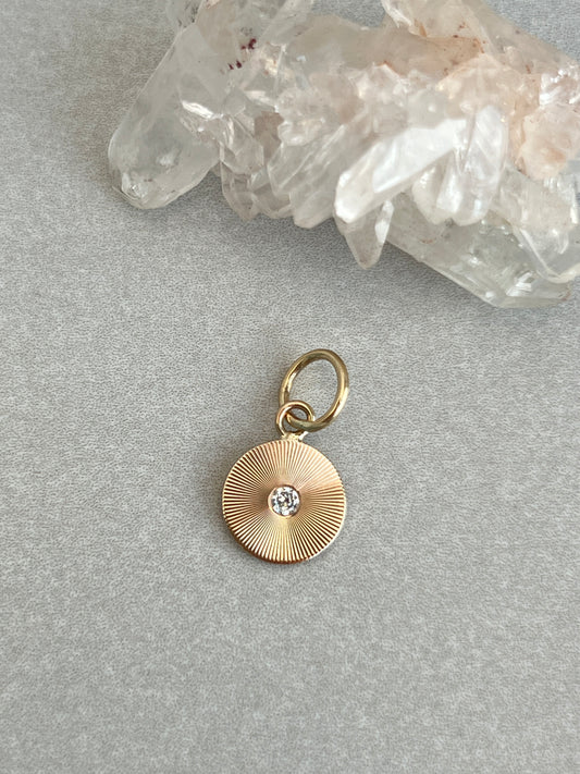 Vintage 14k Gold Round Engine Turned Diamond Accent Pendant
