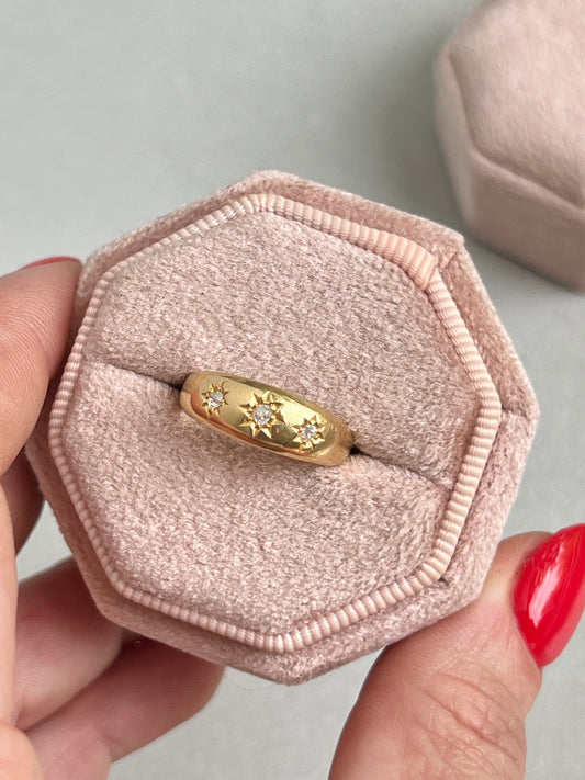 Antique 18k Gold Starburst Old Mine Cut Diamond Trilogy Ring
