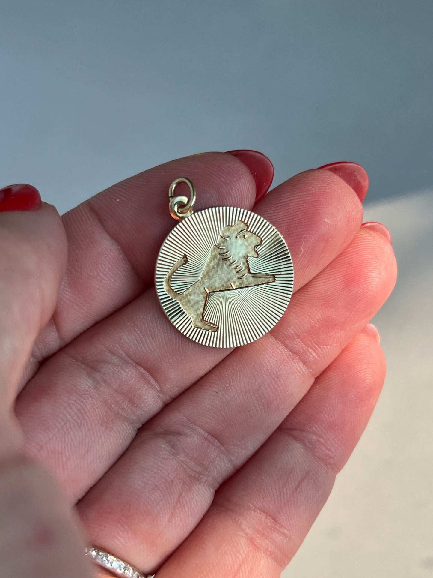 Vintage 14k Gold Engine Turned Celestial Leo Zodiac Charm