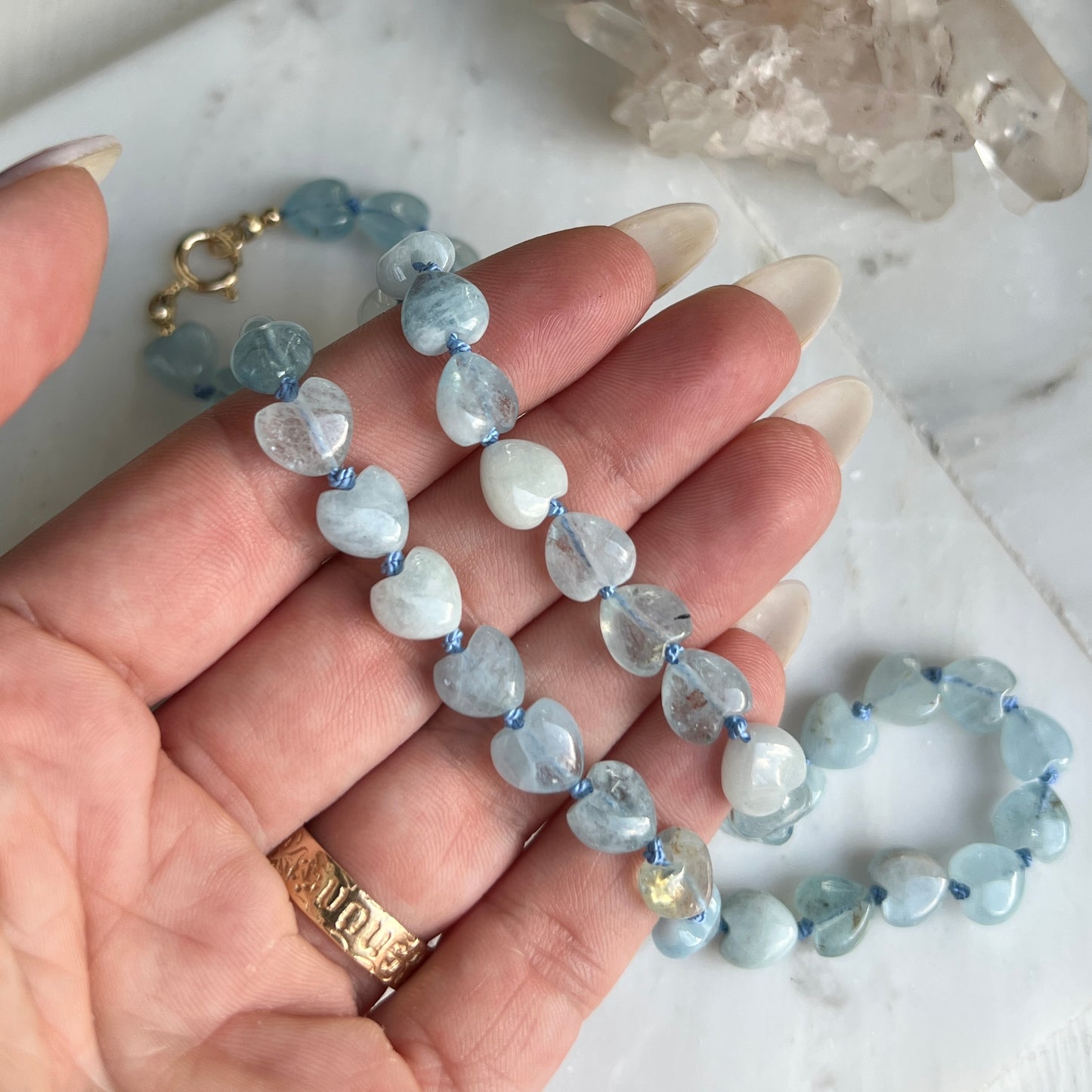 16” Aquamarine Puffy Heart Silk-Knotted Gemstone Necklace