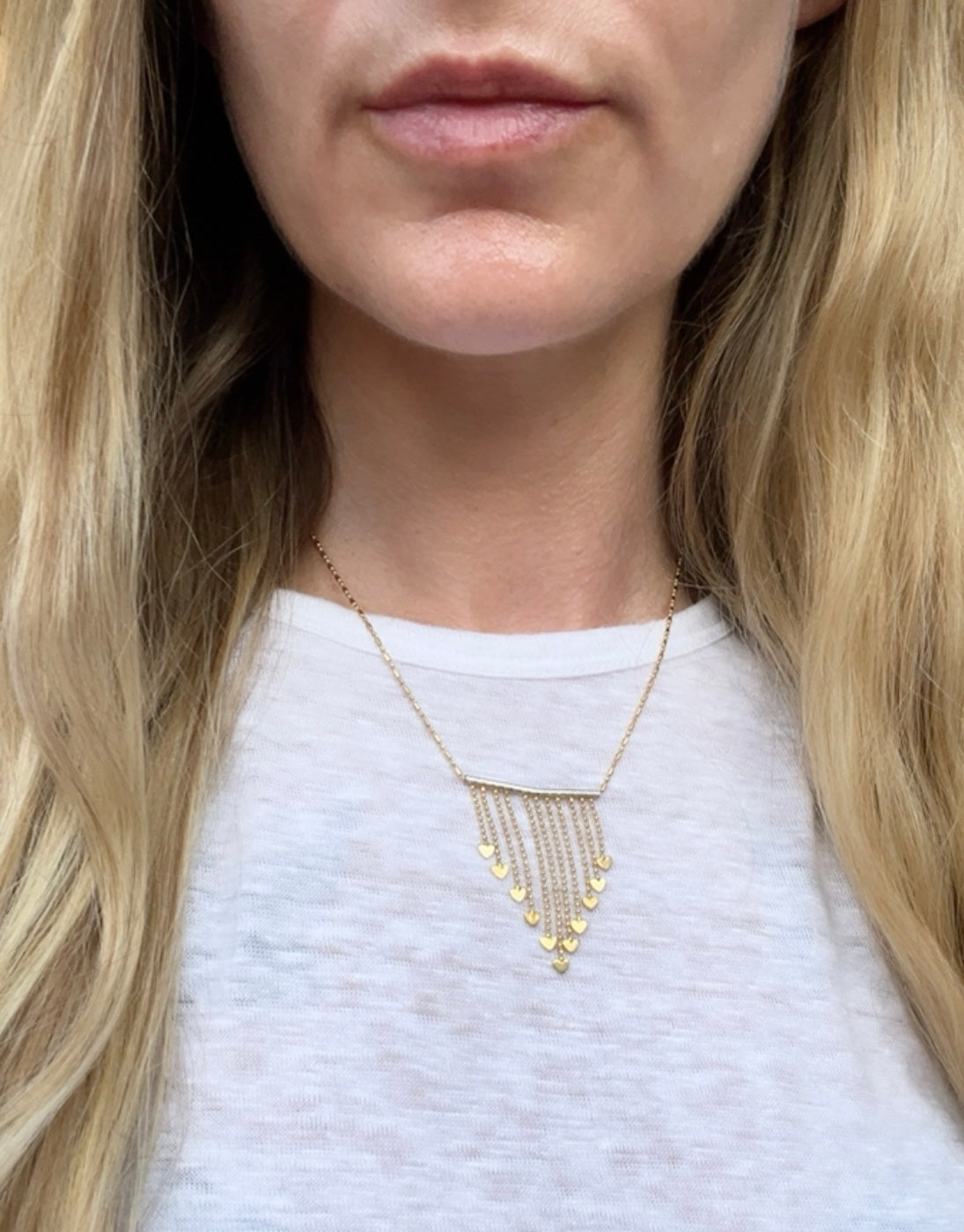 Vintage 14k Gold Dot+Dash Heart Fringe Necklace