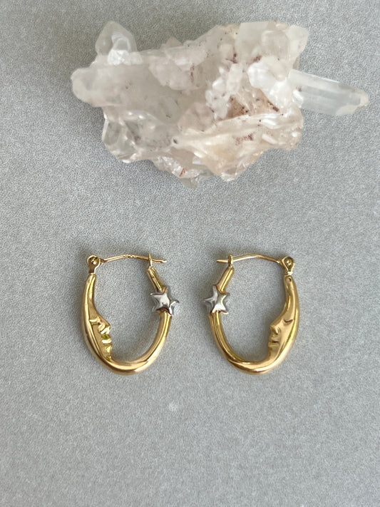 Vintage 14k Gold Man in the Moon Hoop Earrings