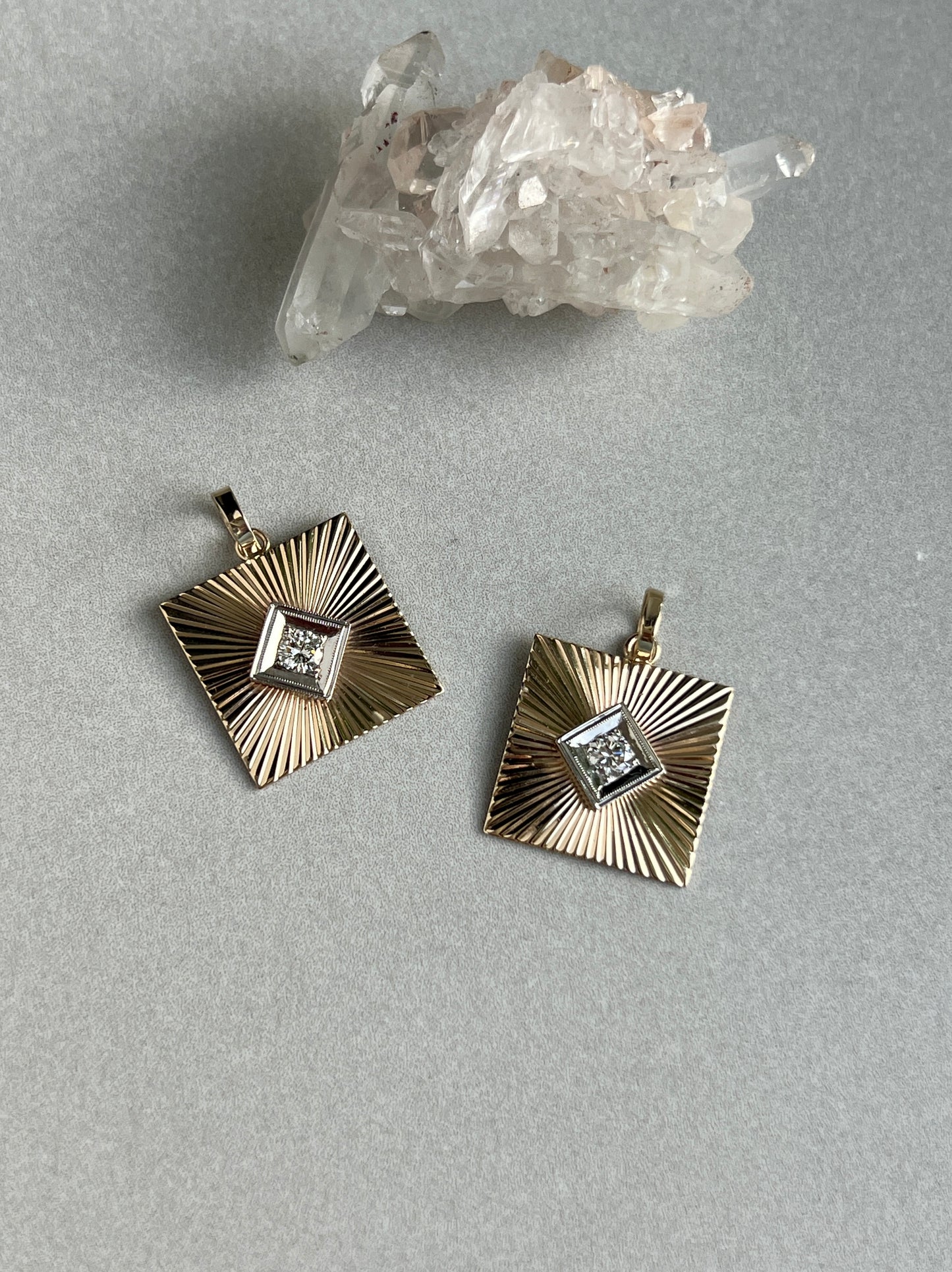 Vintage 14k Gold Square Engine Turned Diamond Cufflink Conversion Charm