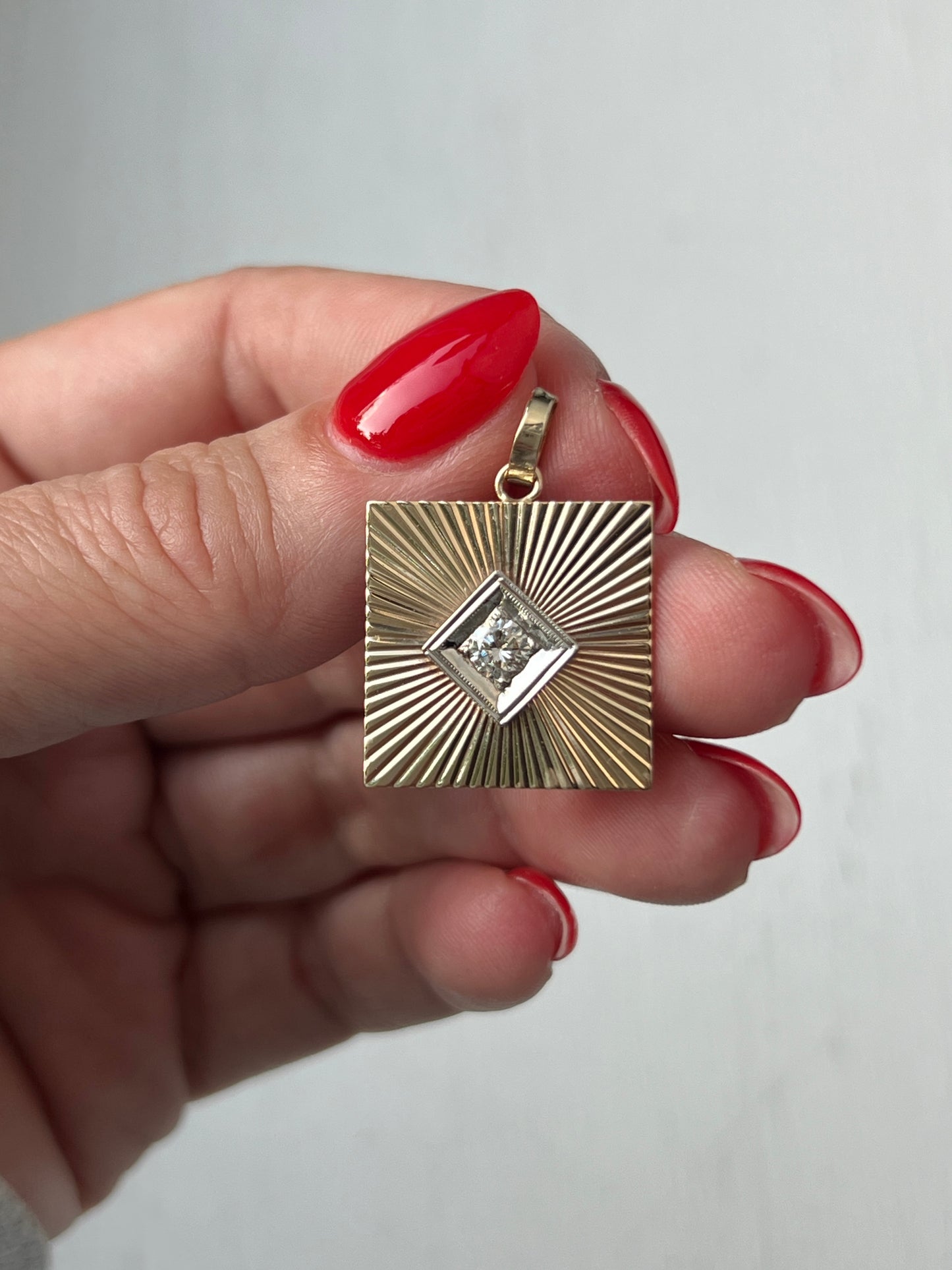 Vintage 14k Gold Square Engine Turned Diamond Cufflink Conversion Charm