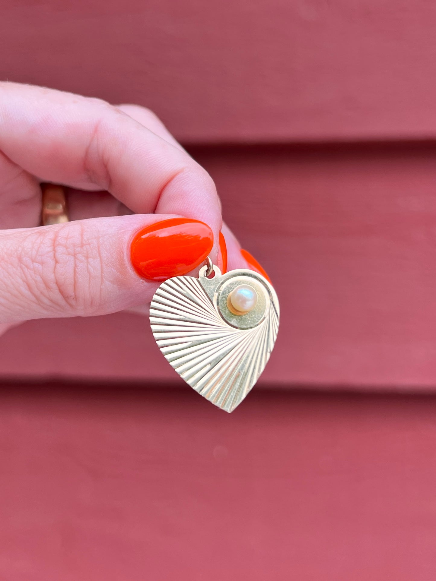 Vintage 14k Gold Engine Turned Heart Charm with Pearl