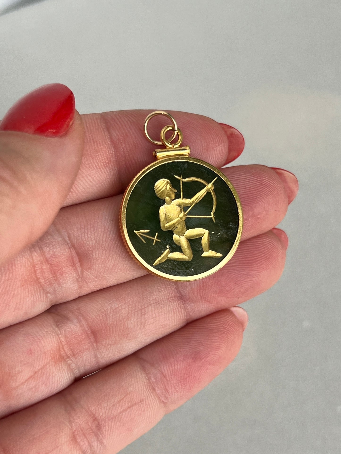 Vintage 14k Gold Nephrite Jade Sagittarius Zodiac Coin Charm
