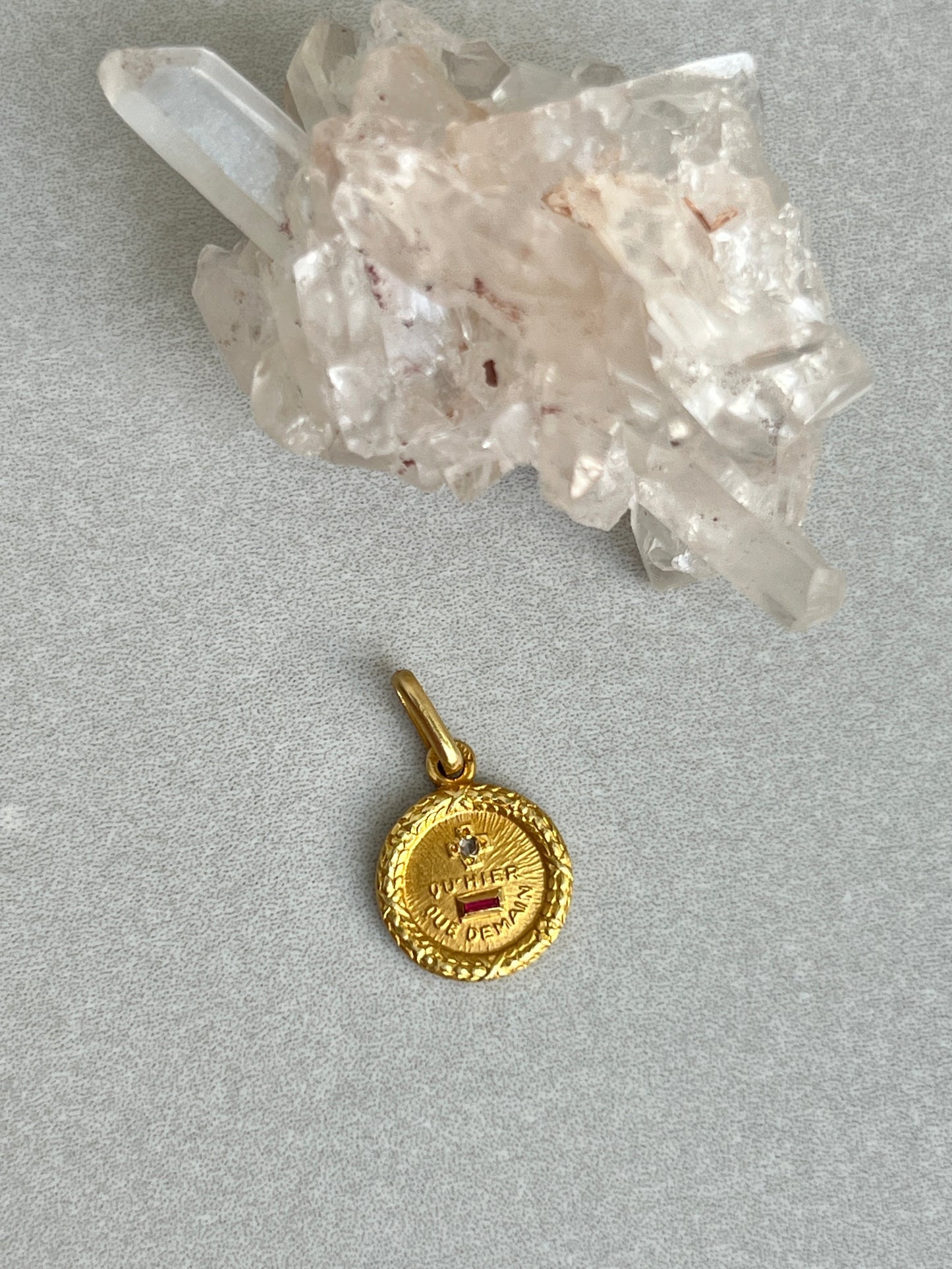 Vintage 18k Gold Diamond and Ruby ‘Qu’hier - Que Demain’ French Love Token - XS