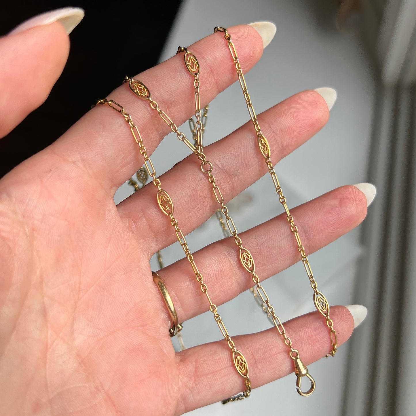 Antique 14k Gold Station Link Muff Chain Necklace with Dogclip