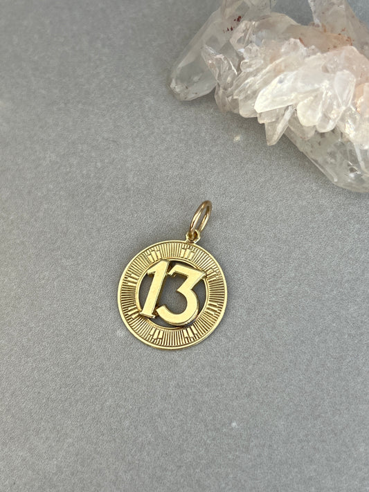 Vintage 14k Gold Engine Turned Lucky 13 Charm