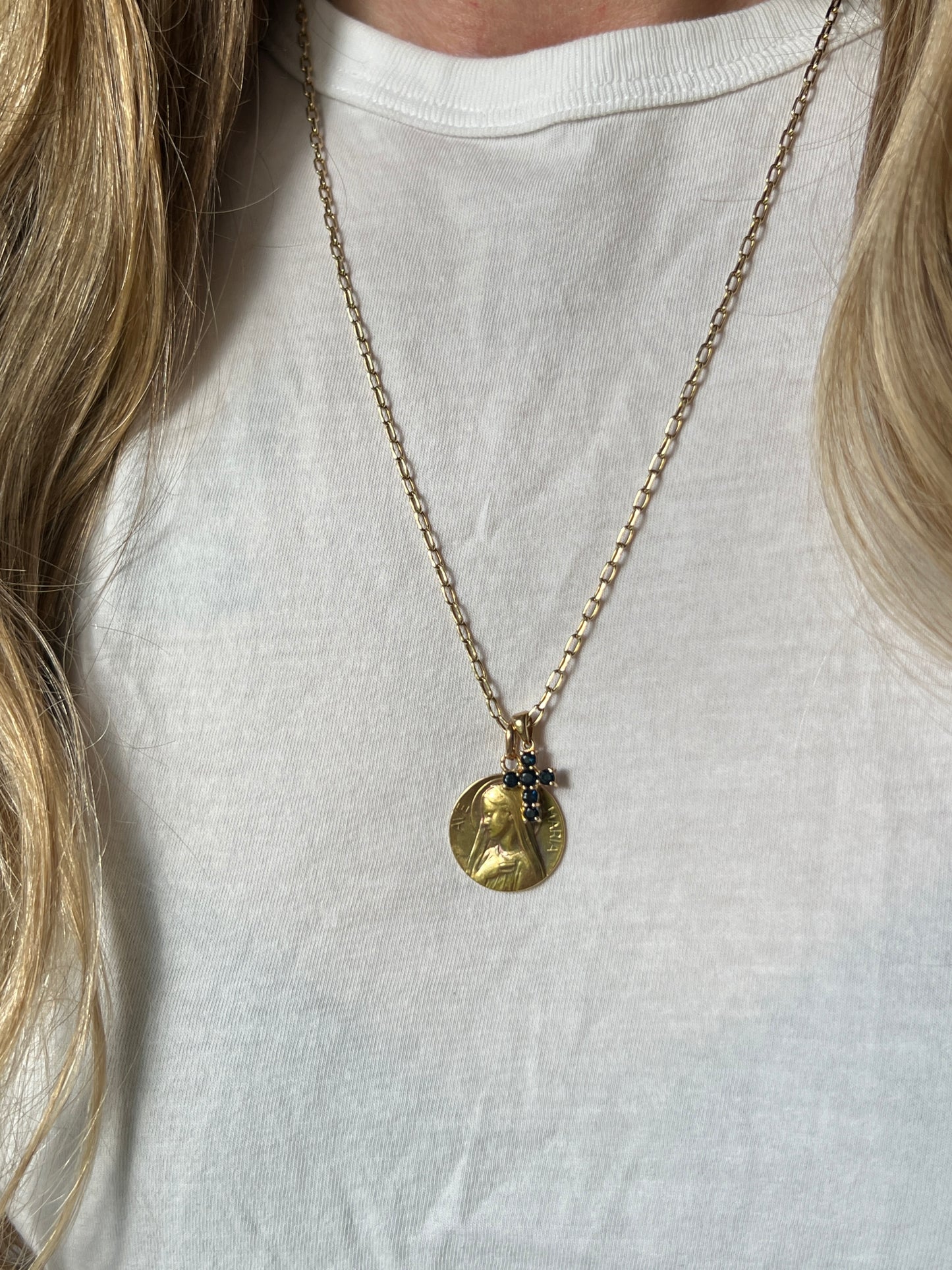 Vintage 14k Gold Tiny Sapphire Cross Charm