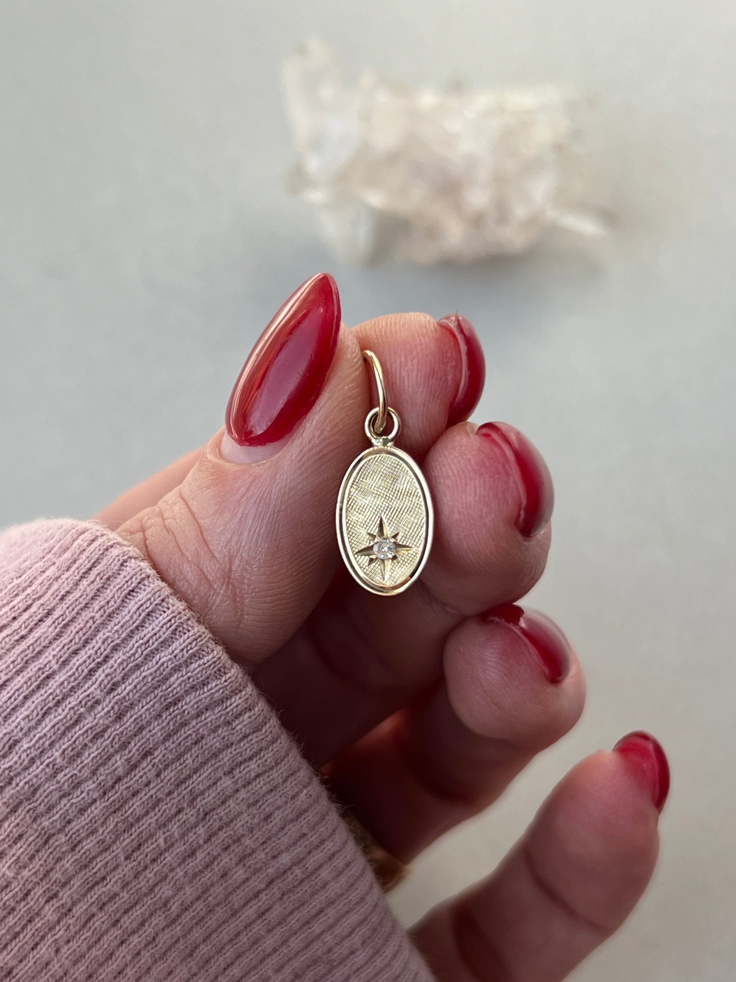 Vintage 14k Gold Small Oval Star Set Diamond Charm