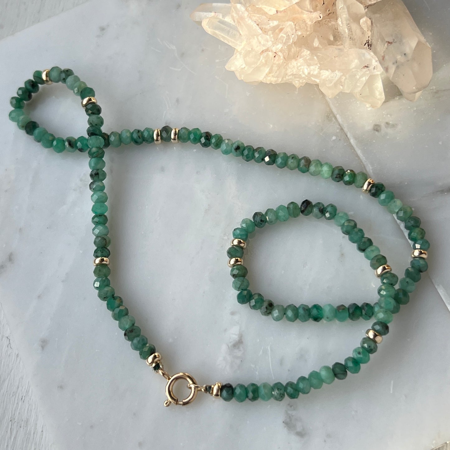 16” Faceted Emerald Gemstone Necklace with 14k Gold Bead Accents