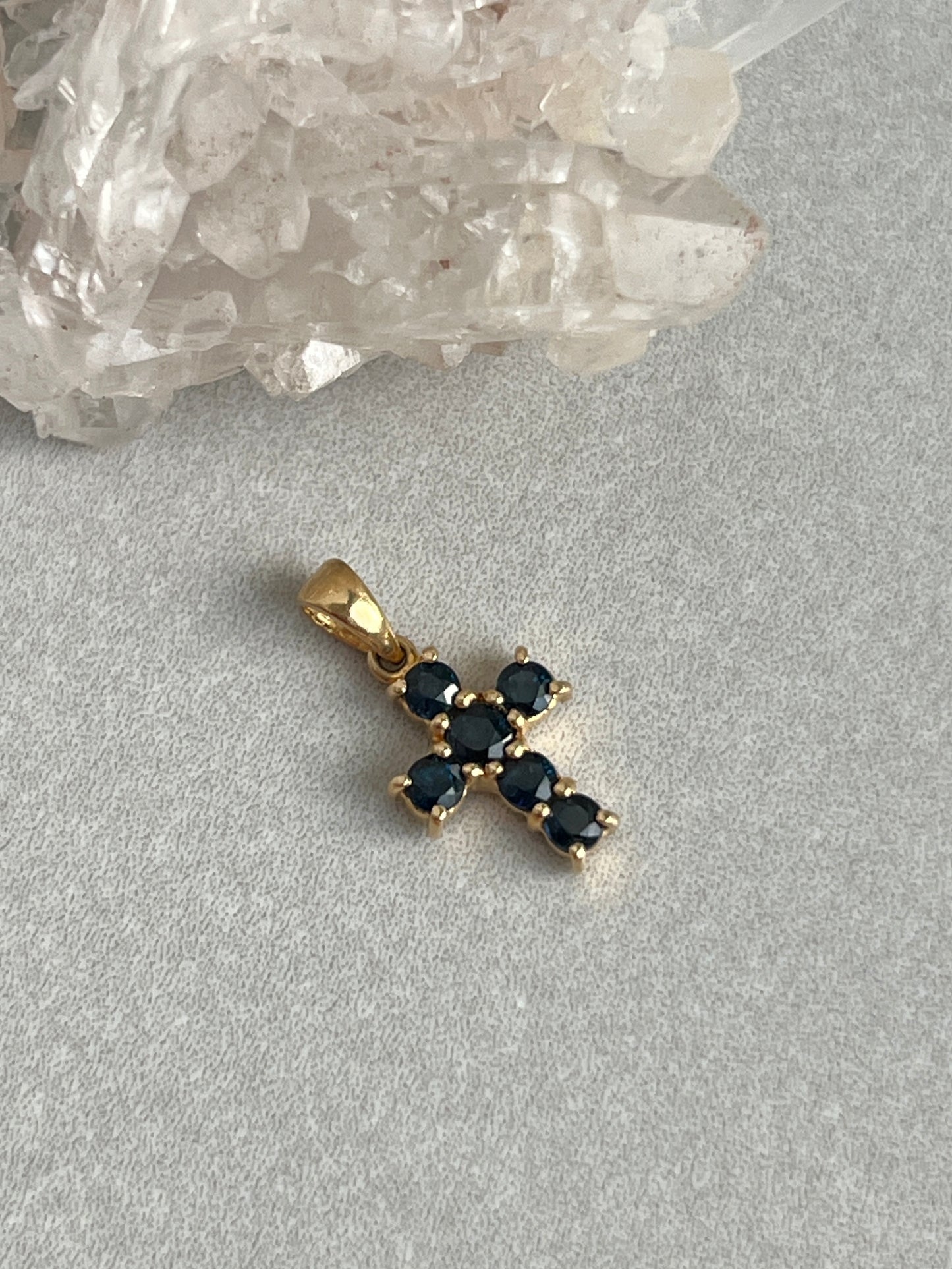 Vintage 14k Gold Tiny Sapphire Cross Charm