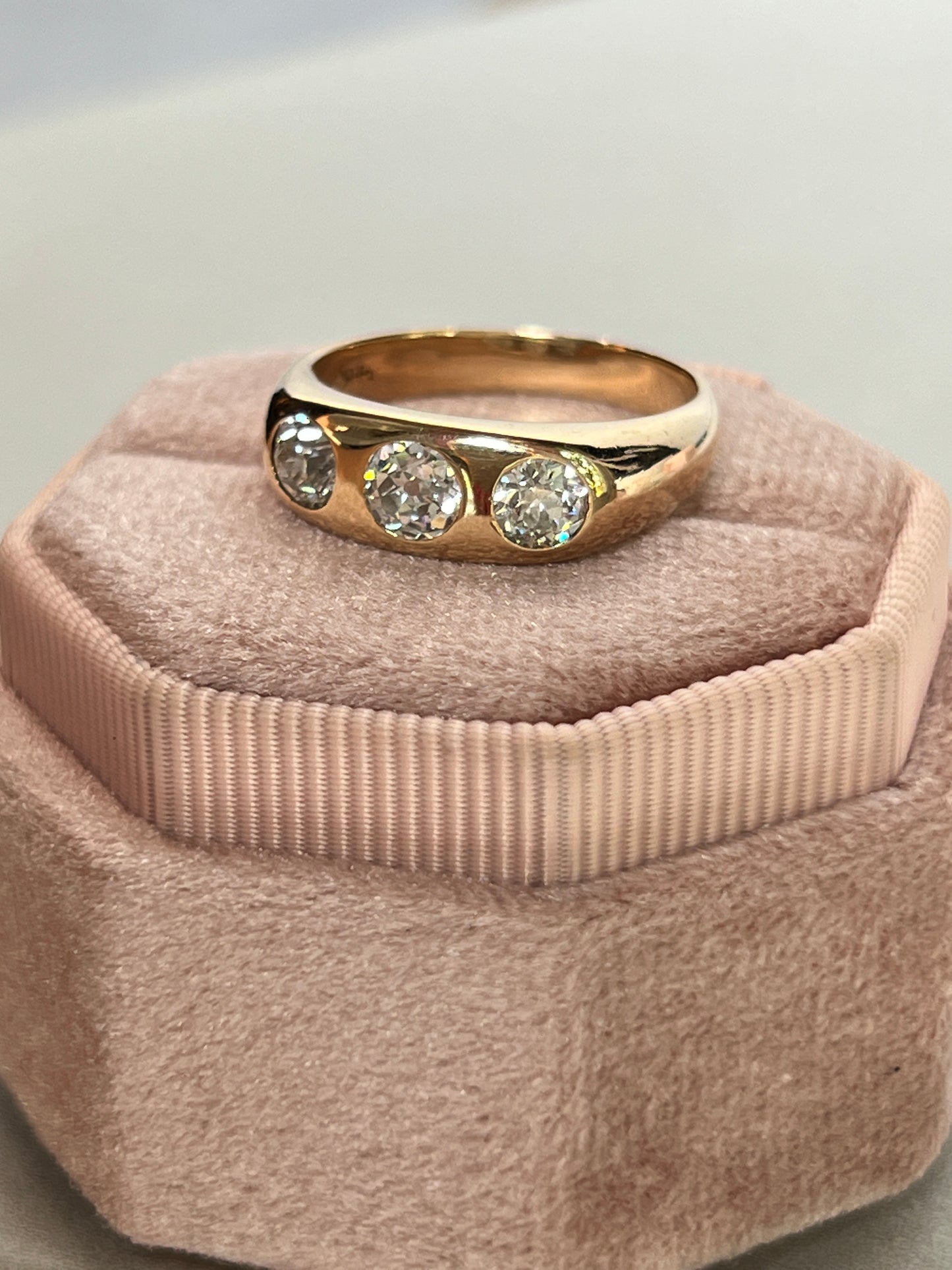 Vintage 14k Gold Old Mine Cut Diamond Trilogy Signet Ring