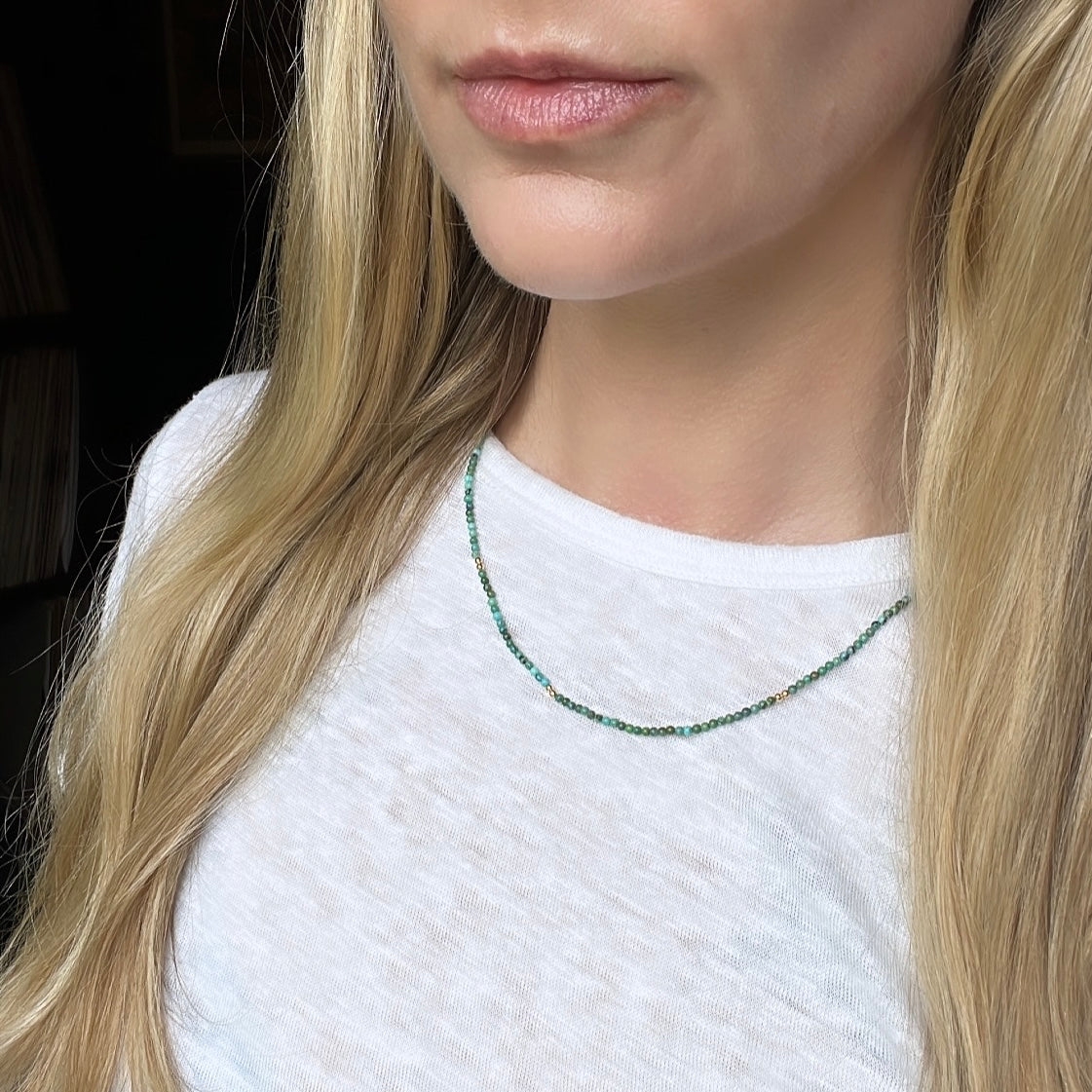 18” Turquoise Gemstone Necklace with Solid 14k Gold Bead Accents