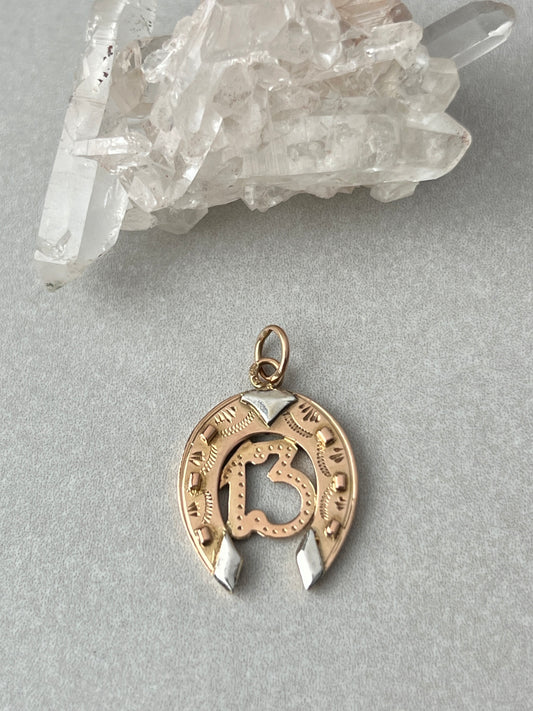 Vintage 14k Two-Tone Gold Lucky Number 13 Horseshoe Pendant