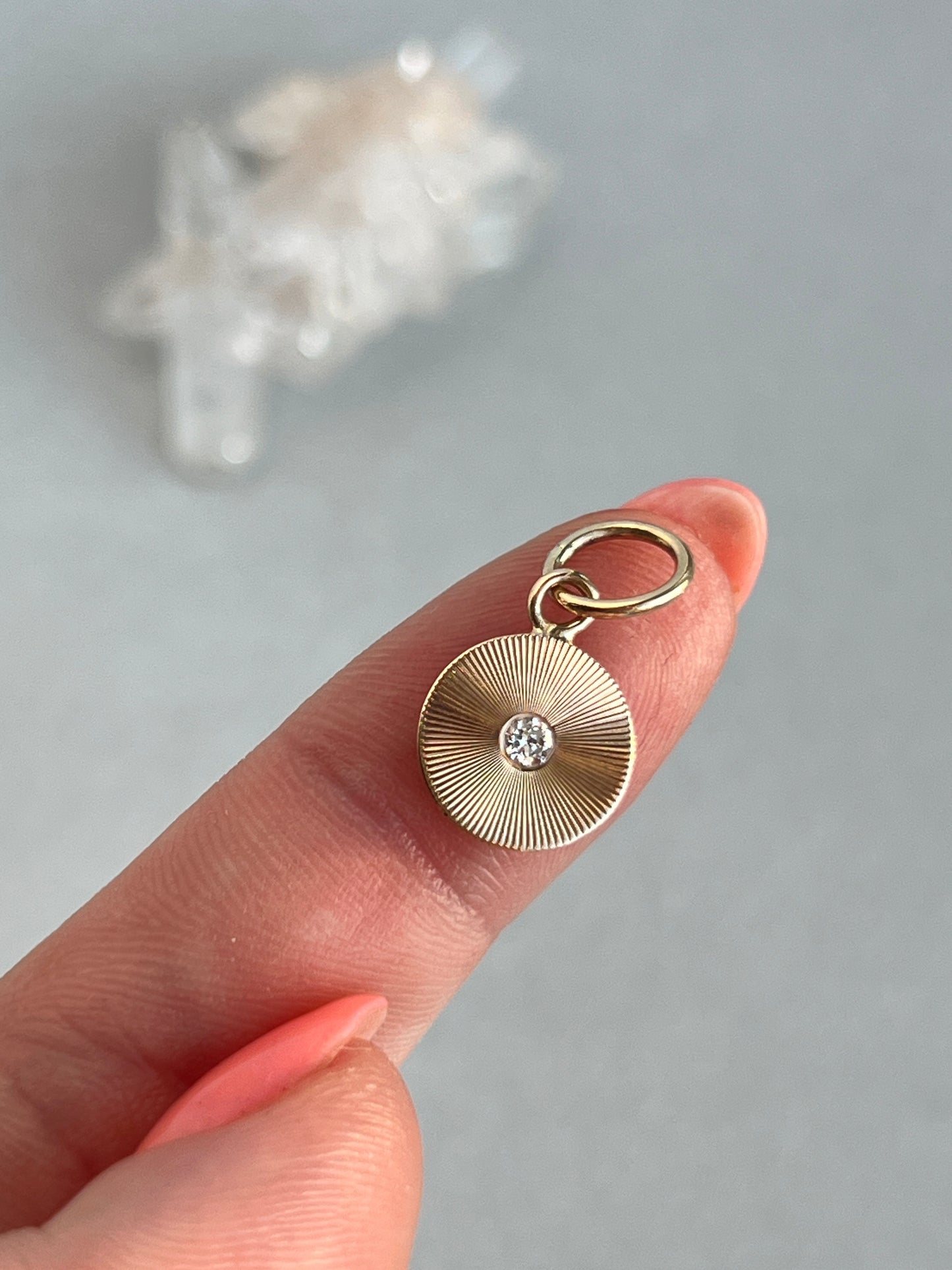 Vintage 14k Gold Round Engine Turned Diamond Accent Pendant