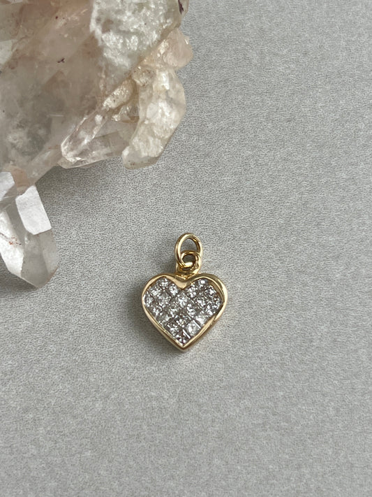 Vintage 14k Gold Princess Cut Invisible Set Diamond Heart Charm