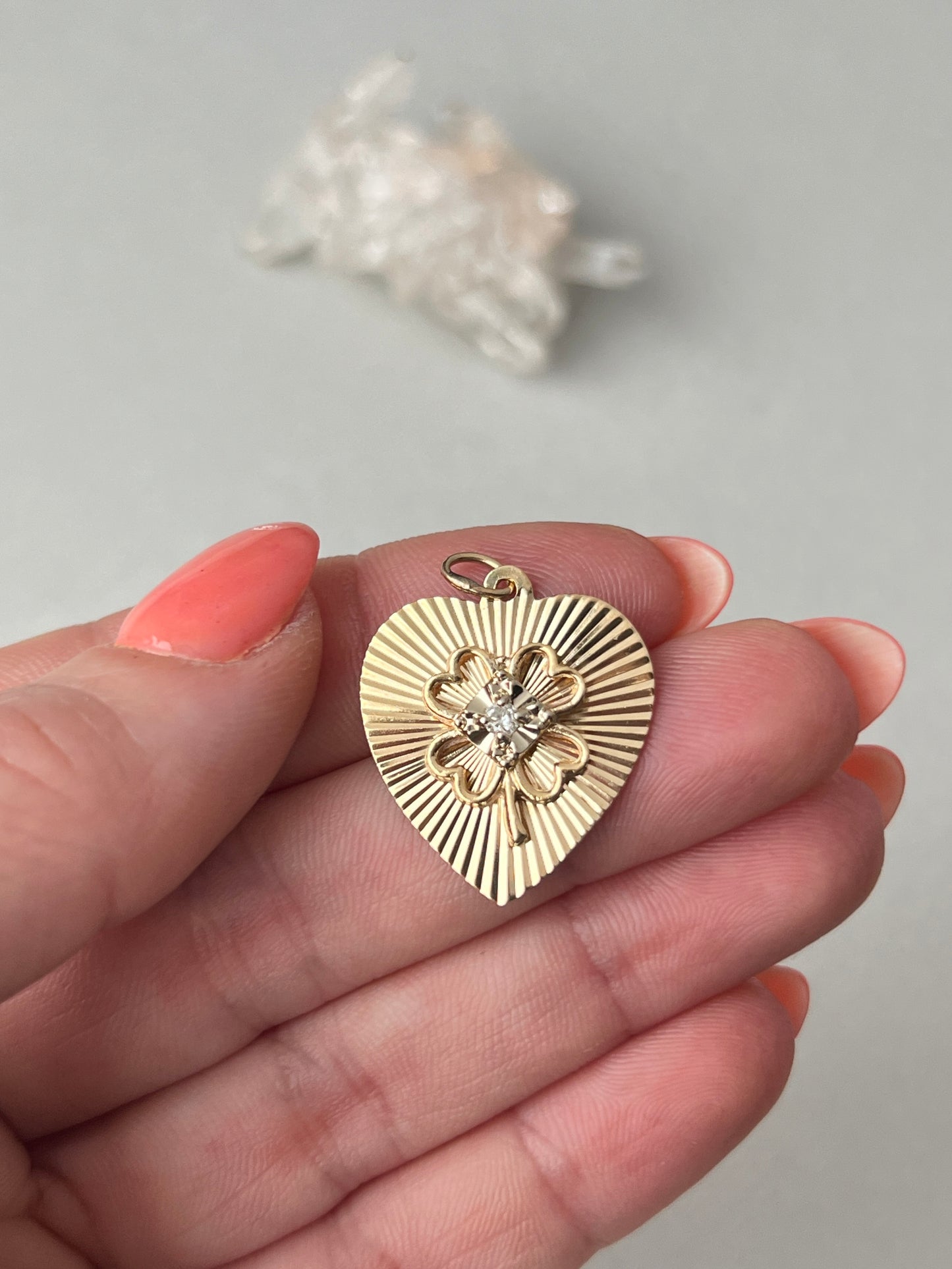 Vintage 14k Yellow Gold Engine Turned Heart Tag Charm featuring Clover and Diamond Accent