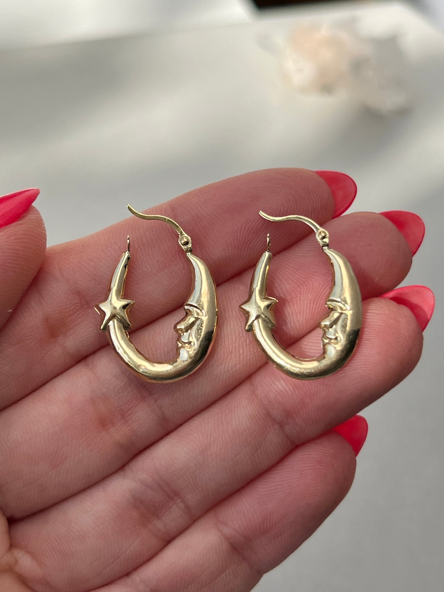 Vintage 10k Gold Man in the Moon Celestial Hoop Earrings