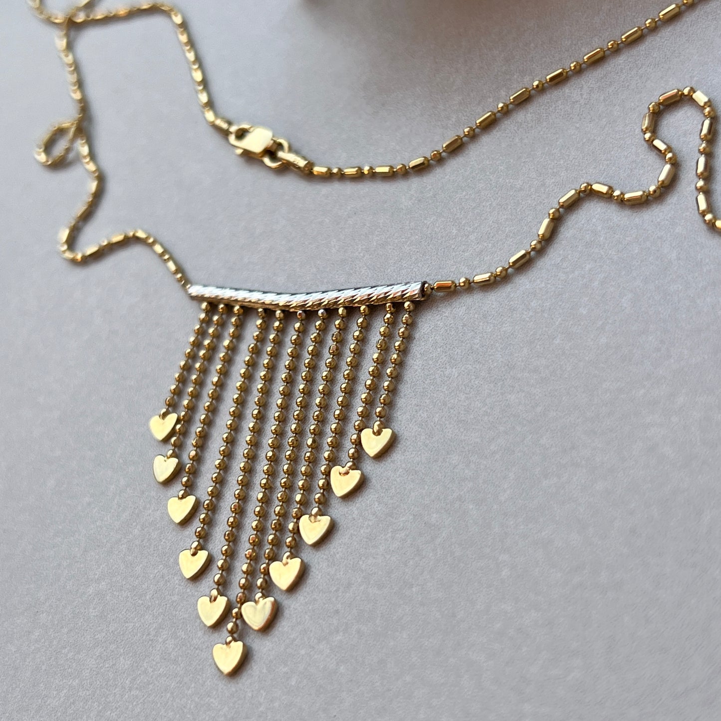 Vintage 14k Gold Dot+Dash Heart Fringe Necklace