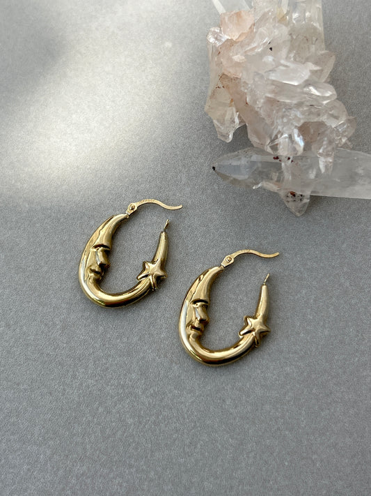 Vintage 10k Gold Man in the Moon Celestial Hoop Earrings