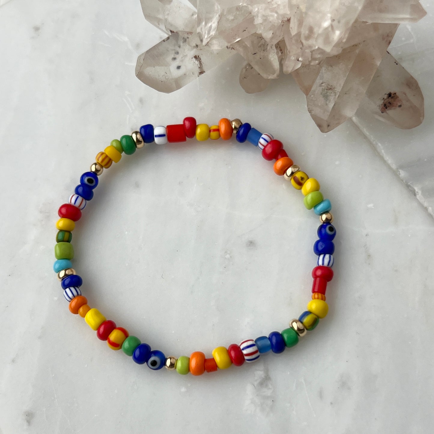 7” Rainbow Trade Bead + 14k Gold Bracelet