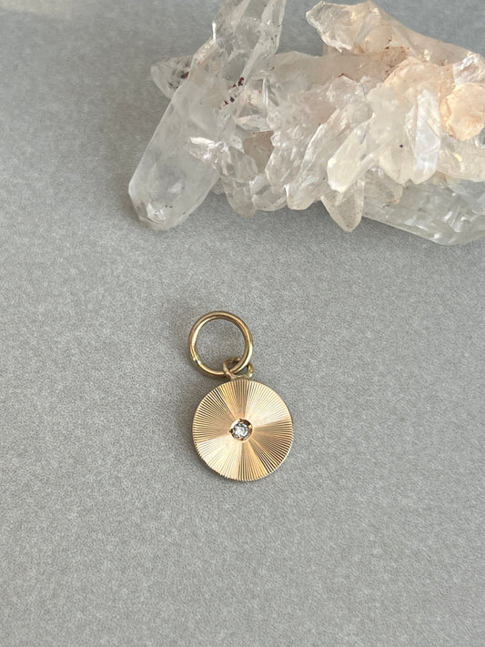 Vintage 14k Gold Round Engine Turned Diamond Accent Pendant