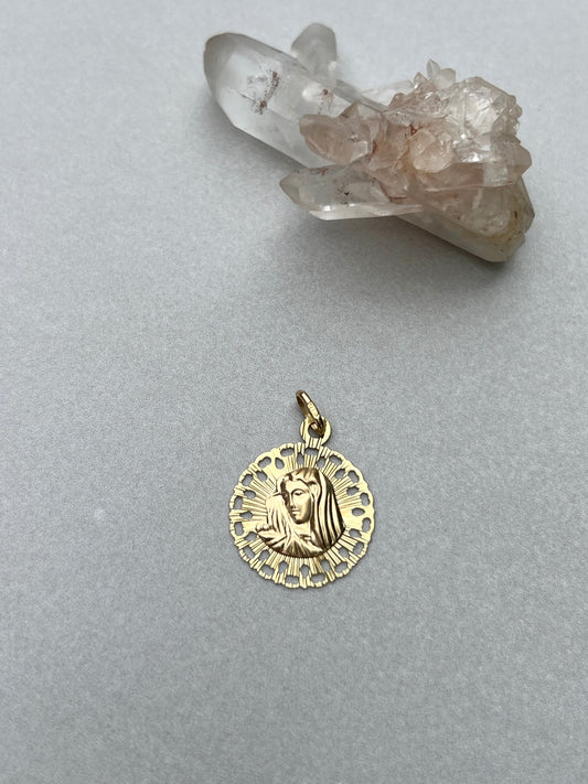 Vintage 14k Gold Engine Turned Holy Virgin Charm