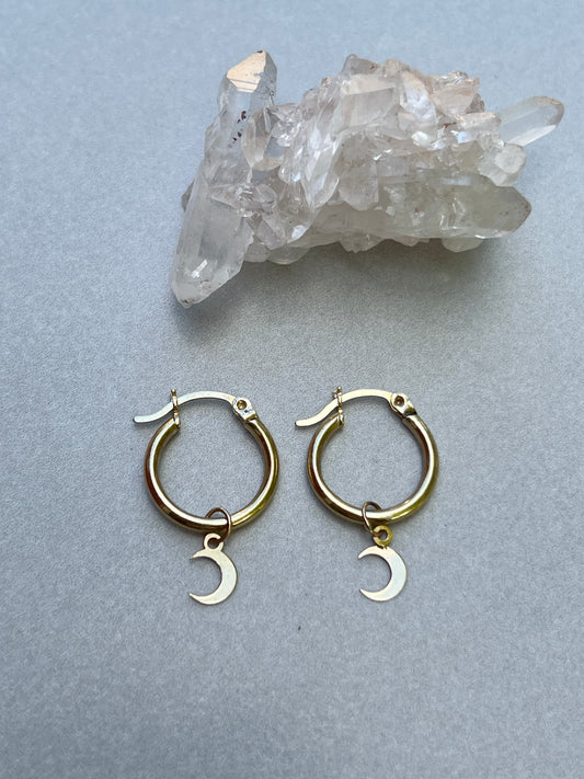Vintage 14k Gold Small Moon Charm Tube Hoops