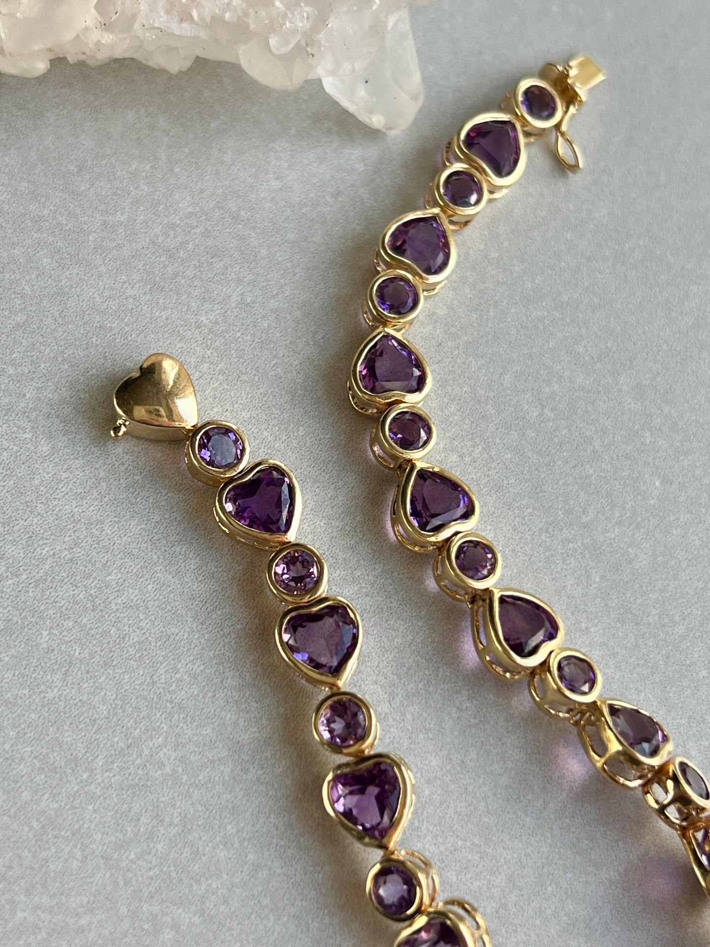 Vintage 14k Gold Bezel Set Amethyst Hearts Bracelet